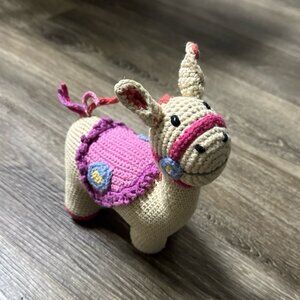 Pebble fair trade knit donkey rattle toy crochet cotton stuffed animal